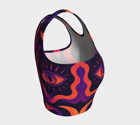 Cropped tank top with psychedelic purple and coral swirling waves pattern featuring mystical third eye designs, racerback style sleeveless womens festival top with body-hugging fit for rave outfits, alternative clothing, y2k aesthetic streetwear, trippy spiritual print crop top for concerts and music festivals, black owned shops bohemian mystical shirt